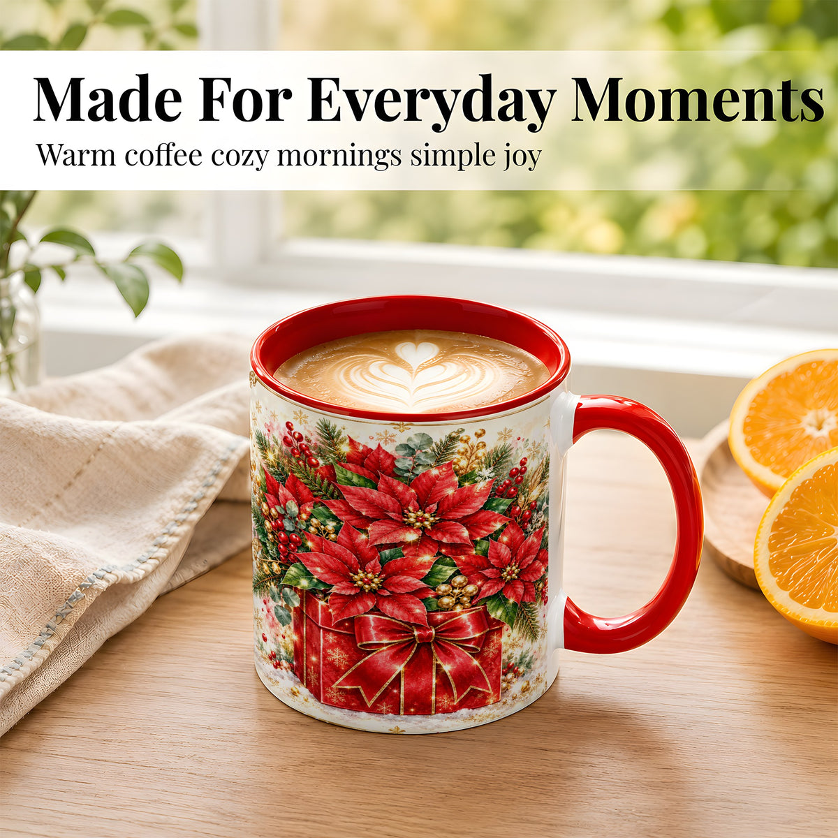 #pl[11oz|Red] Christmas Poinsettia Coffee Mug, Red Floral Mug, Ceramic Cup