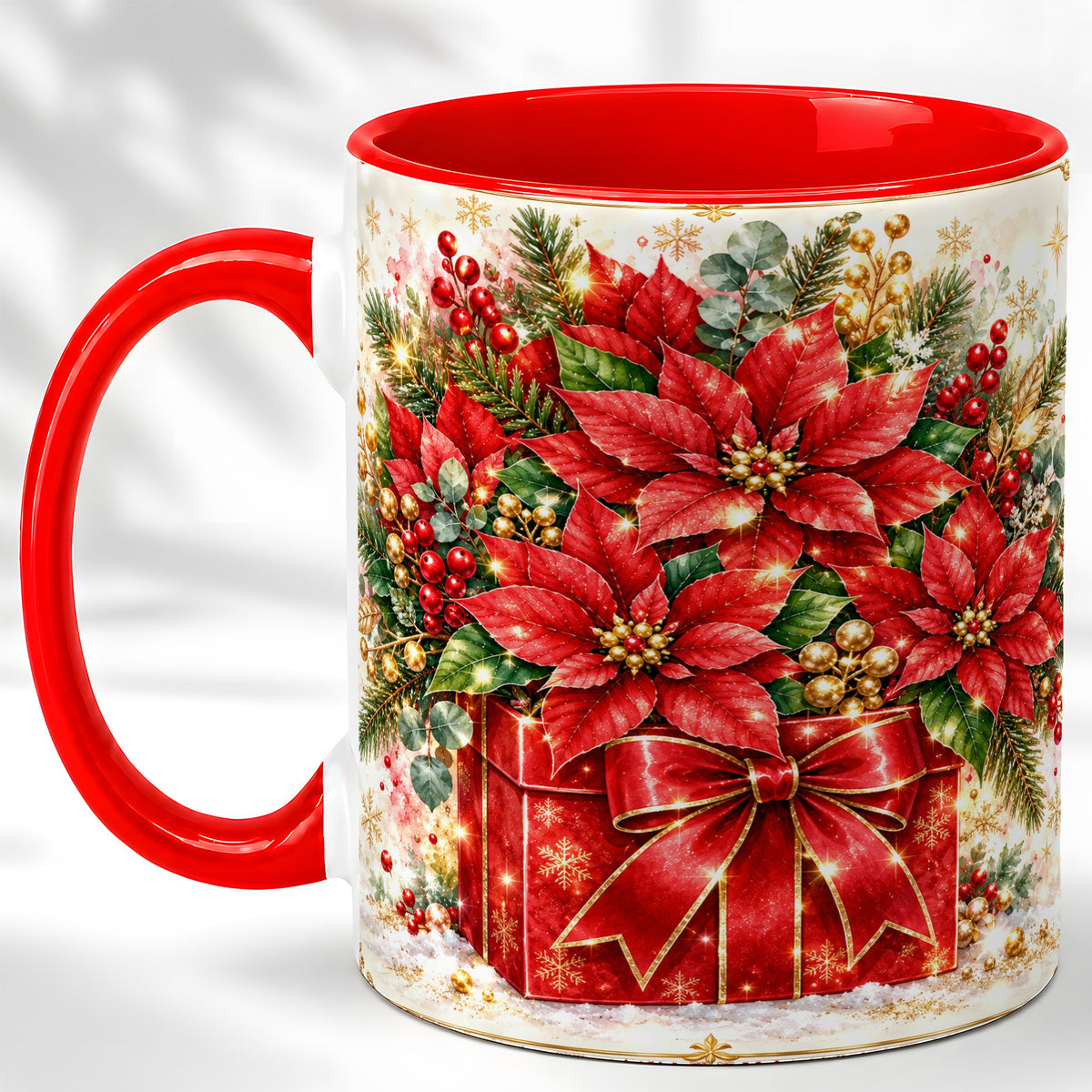 Christmas Poinsettia Coffee Mug, Red Floral Mug, Ceramic Cup