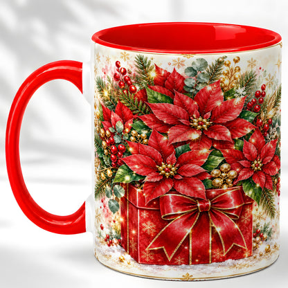 Christmas Poinsettia Coffee Mug, Red Floral Mug, Ceramic Cup