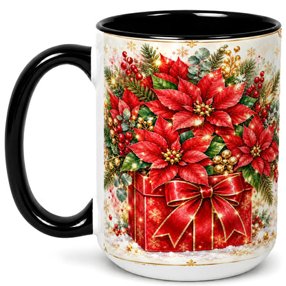 #pl[15oz|Black] Christmas Poinsettia Coffee Mug, Red Floral Mug, Ceramic Cup