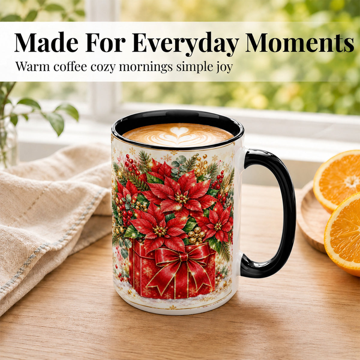 #pl[15oz|Black] Christmas Poinsettia Coffee Mug, Red Floral Mug, Ceramic Cup