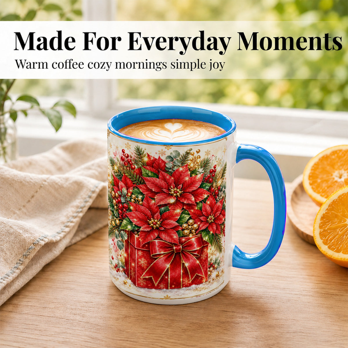 #pl[15oz|Blue] Christmas Poinsettia Coffee Mug, Red Floral Mug, Ceramic Cup