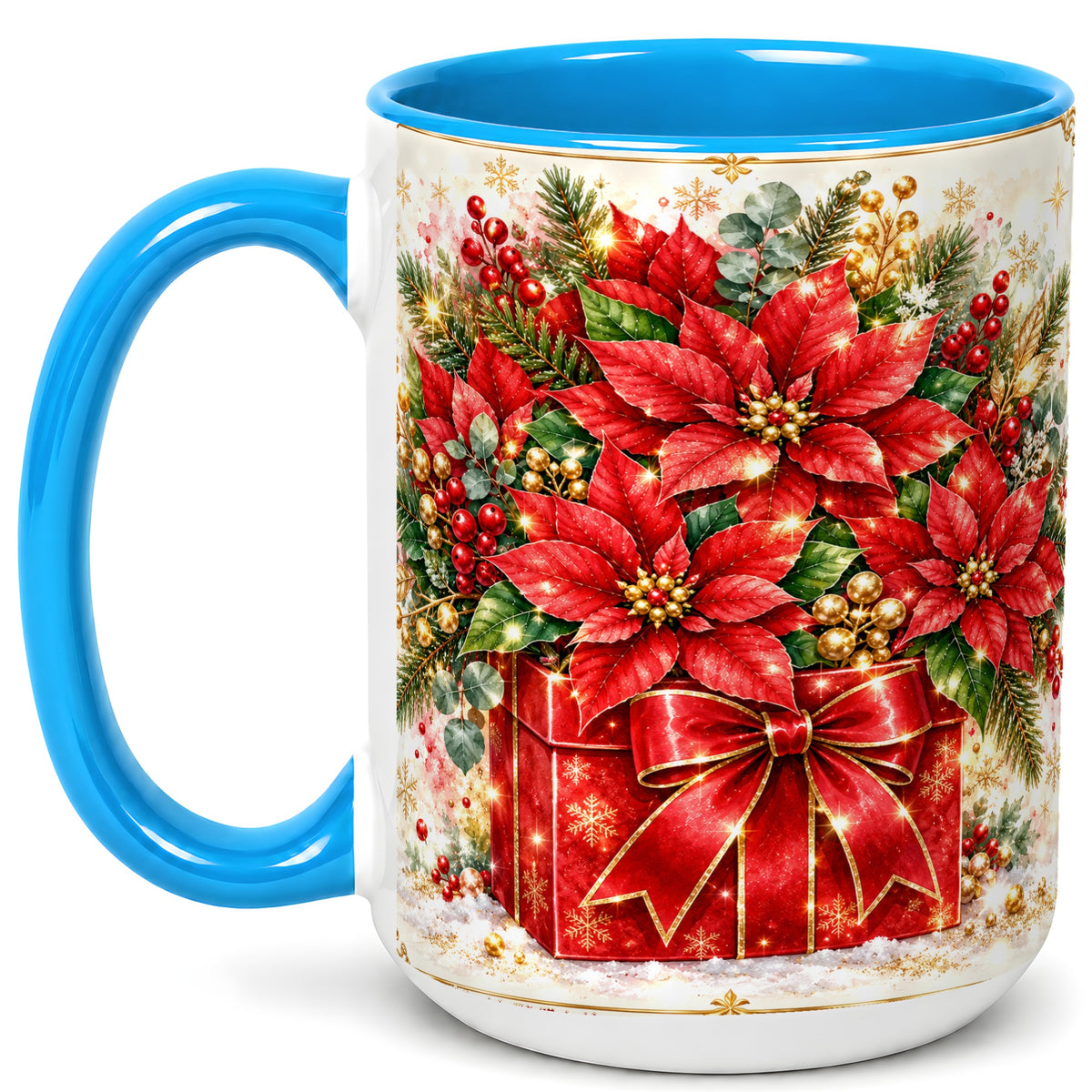 #pl[15oz|Blue] Christmas Poinsettia Coffee Mug, Red Floral Mug, Ceramic Cup