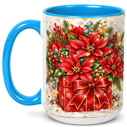 #pl[15oz|Blue] Christmas Poinsettia Coffee Mug, Red Floral Mug, Ceramic Cup