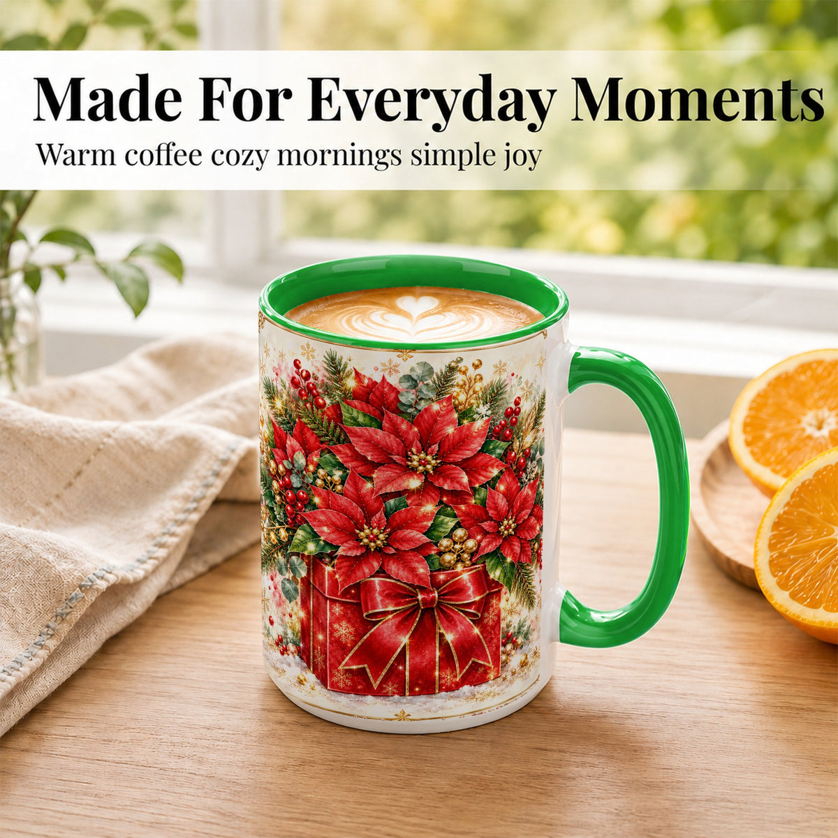 #pl[15oz|Green] Christmas Poinsettia Coffee Mug, Red Floral Mug, Ceramic Cup
