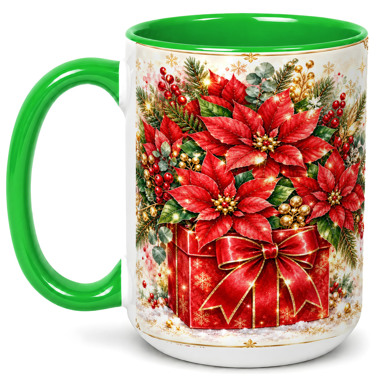 #pl[15oz|Green] Christmas Poinsettia Coffee Mug, Red Floral Mug, Ceramic Cup