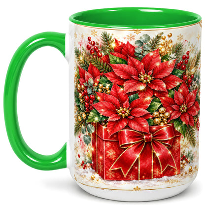 #pl[15oz|Green] Christmas Poinsettia Coffee Mug, Red Floral Mug, Ceramic Cup