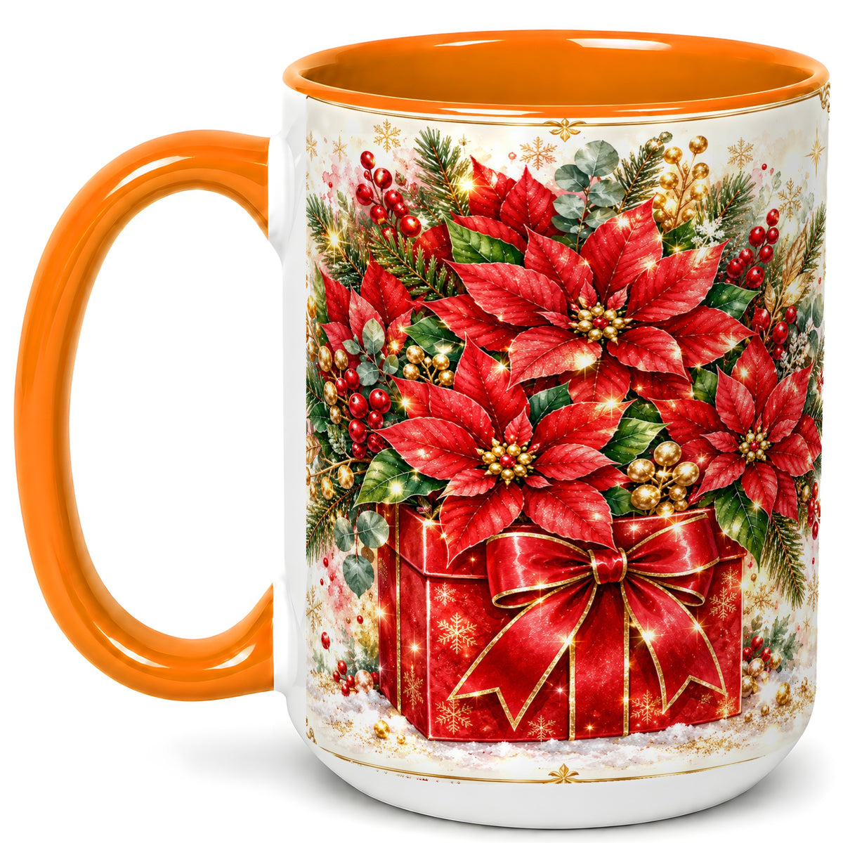 #pl[15oz|Orange] Christmas Poinsettia Coffee Mug, Red Floral Mug, Ceramic Cup