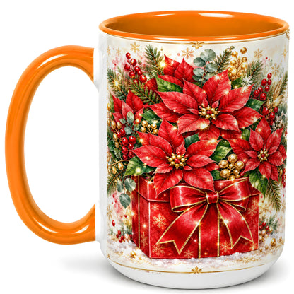 #pl[15oz|Orange] Christmas Poinsettia Coffee Mug, Red Floral Mug, Ceramic Cup