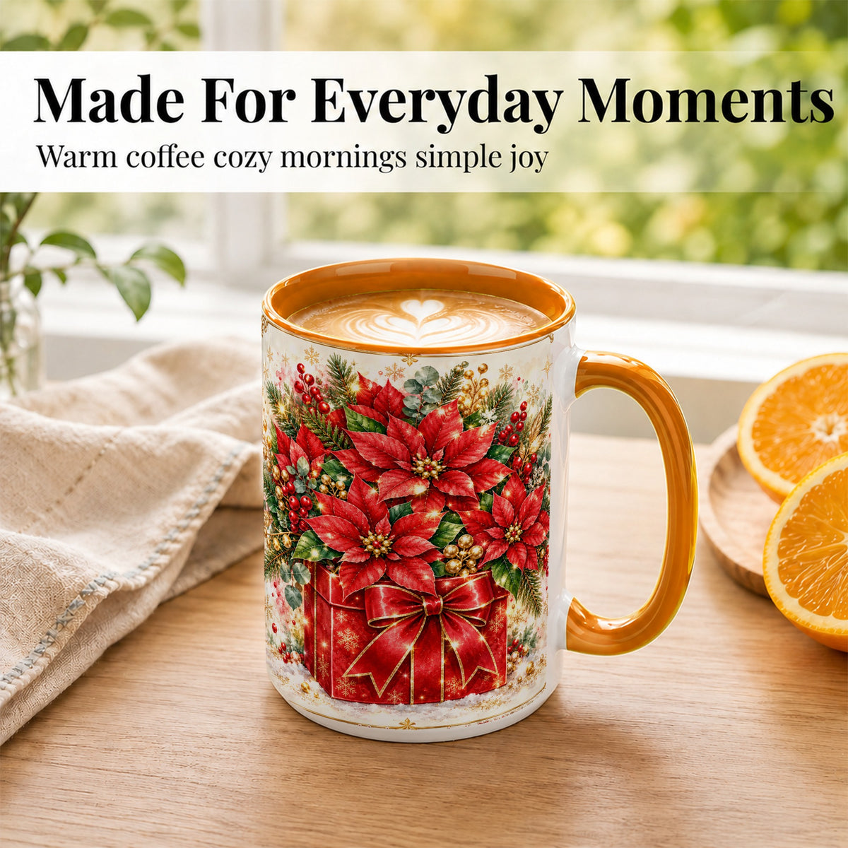 #pl[15oz|Orange] Christmas Poinsettia Coffee Mug, Red Floral Mug, Ceramic Cup