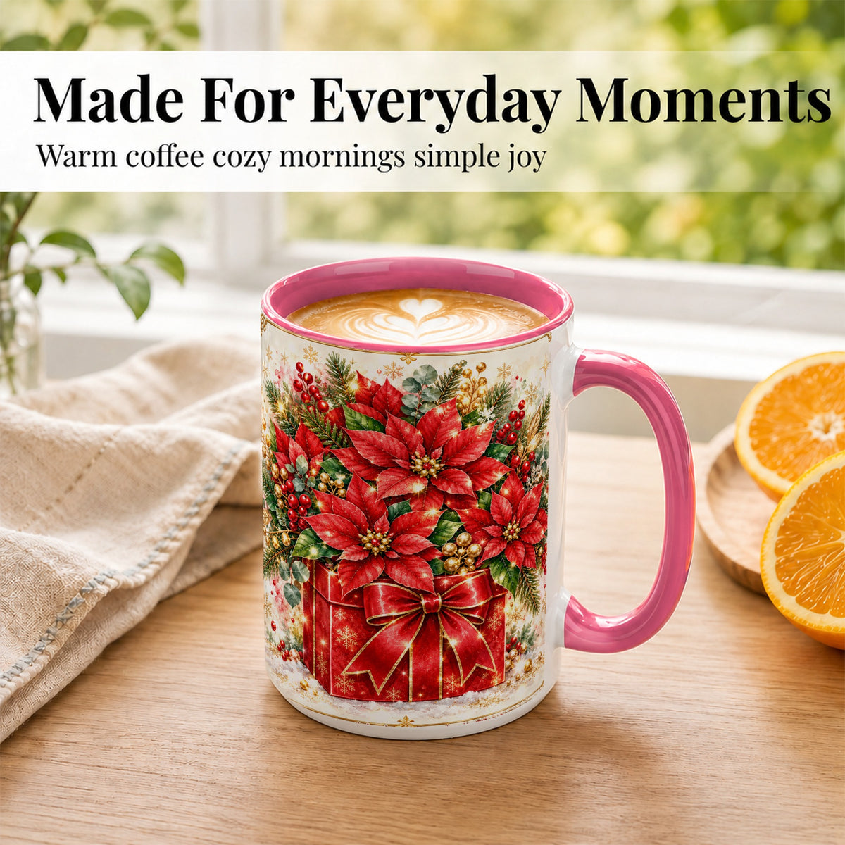 #pl[15oz|Pink] Christmas Poinsettia Coffee Mug, Red Floral Mug, Ceramic Cup