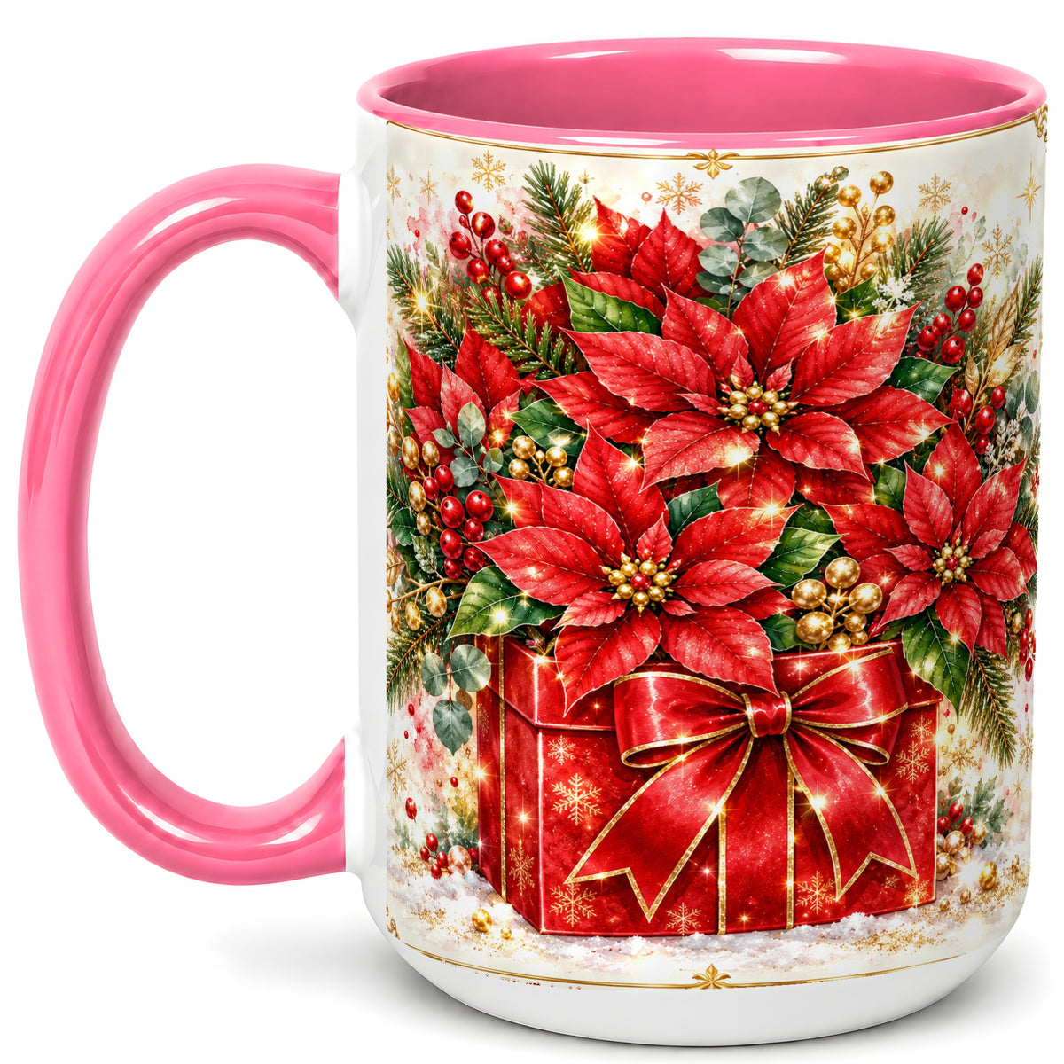 #pl[15oz|Pink] Christmas Poinsettia Coffee Mug, Red Floral Mug, Ceramic Cup