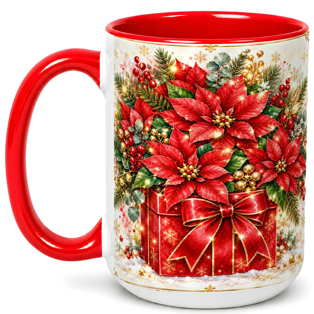 #pl[15oz|Red] Christmas Poinsettia Coffee Mug, Red Floral Mug, Ceramic Cup
