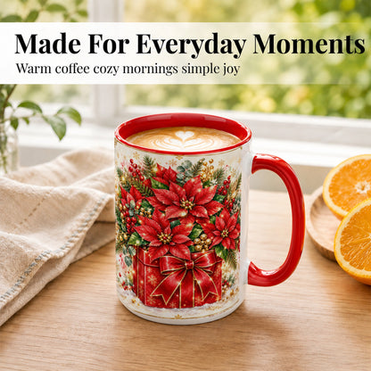 #pl[15oz|Red] Christmas Poinsettia Coffee Mug, Red Floral Mug, Ceramic Cup