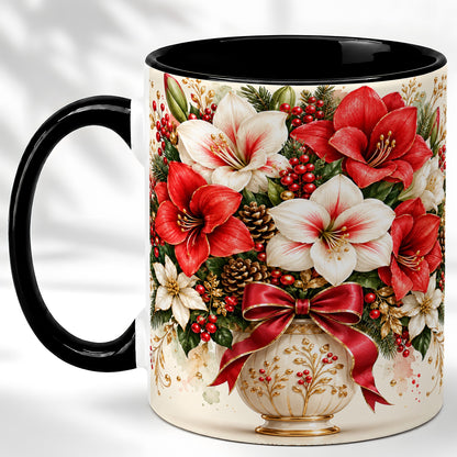 #pl[11oz|Black] Christmas Amaryllis Coffee Mug, Red White Floral Mug, Ceramic Cup