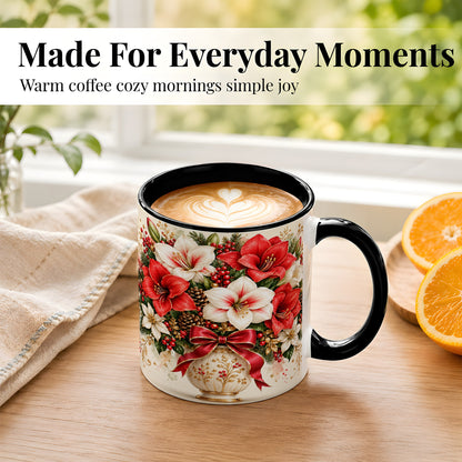 #pl[11oz|Black] Christmas Amaryllis Coffee Mug, Red White Floral Mug, Ceramic Cup
