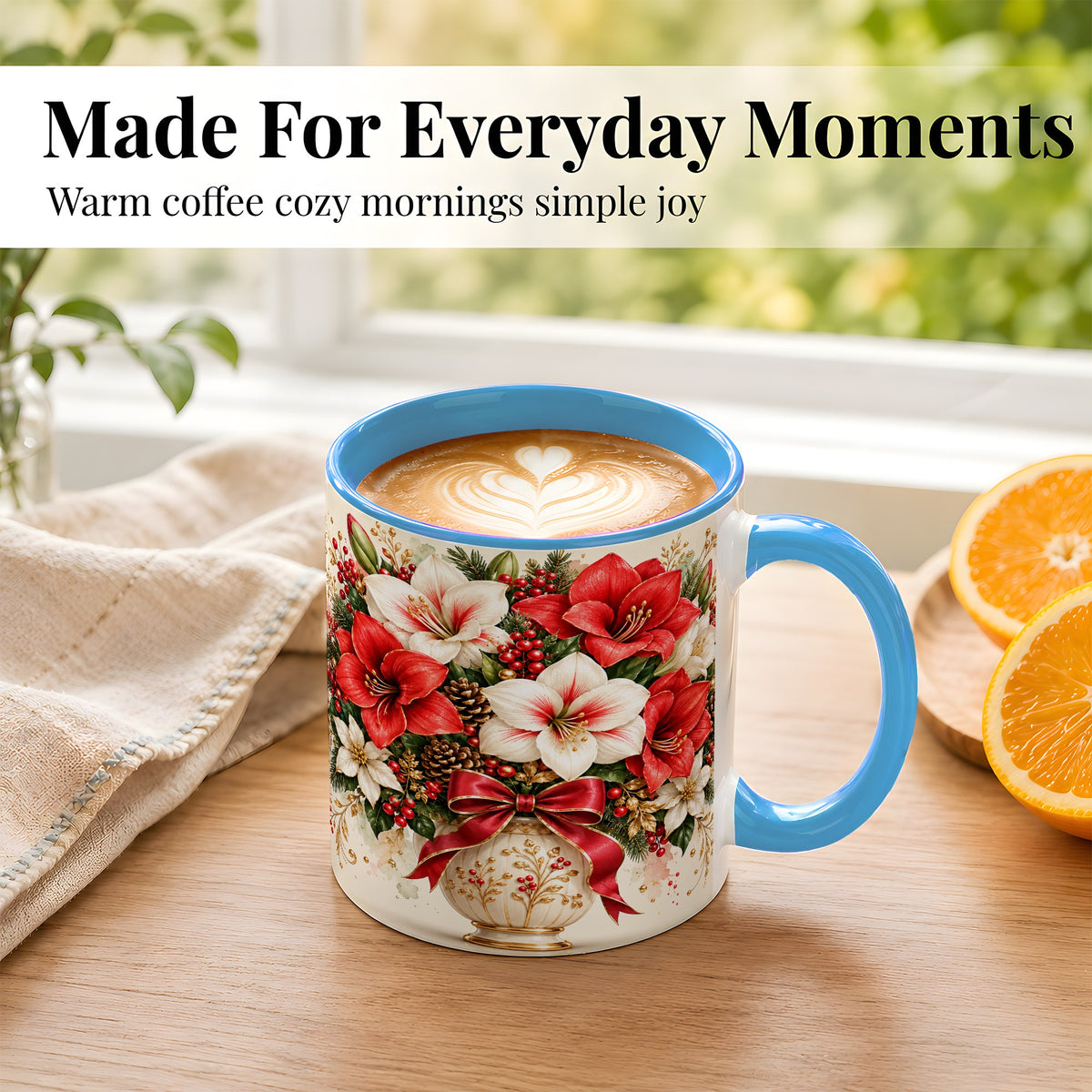 #pl[11oz|Blue] Christmas Amaryllis Coffee Mug, Red White Floral Mug, Ceramic Cup