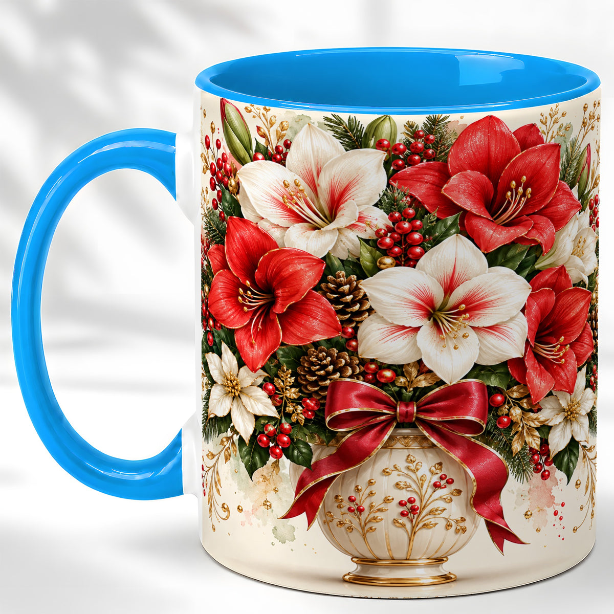 #pl[11oz|Blue] Christmas Amaryllis Coffee Mug, Red White Floral Mug, Ceramic Cup