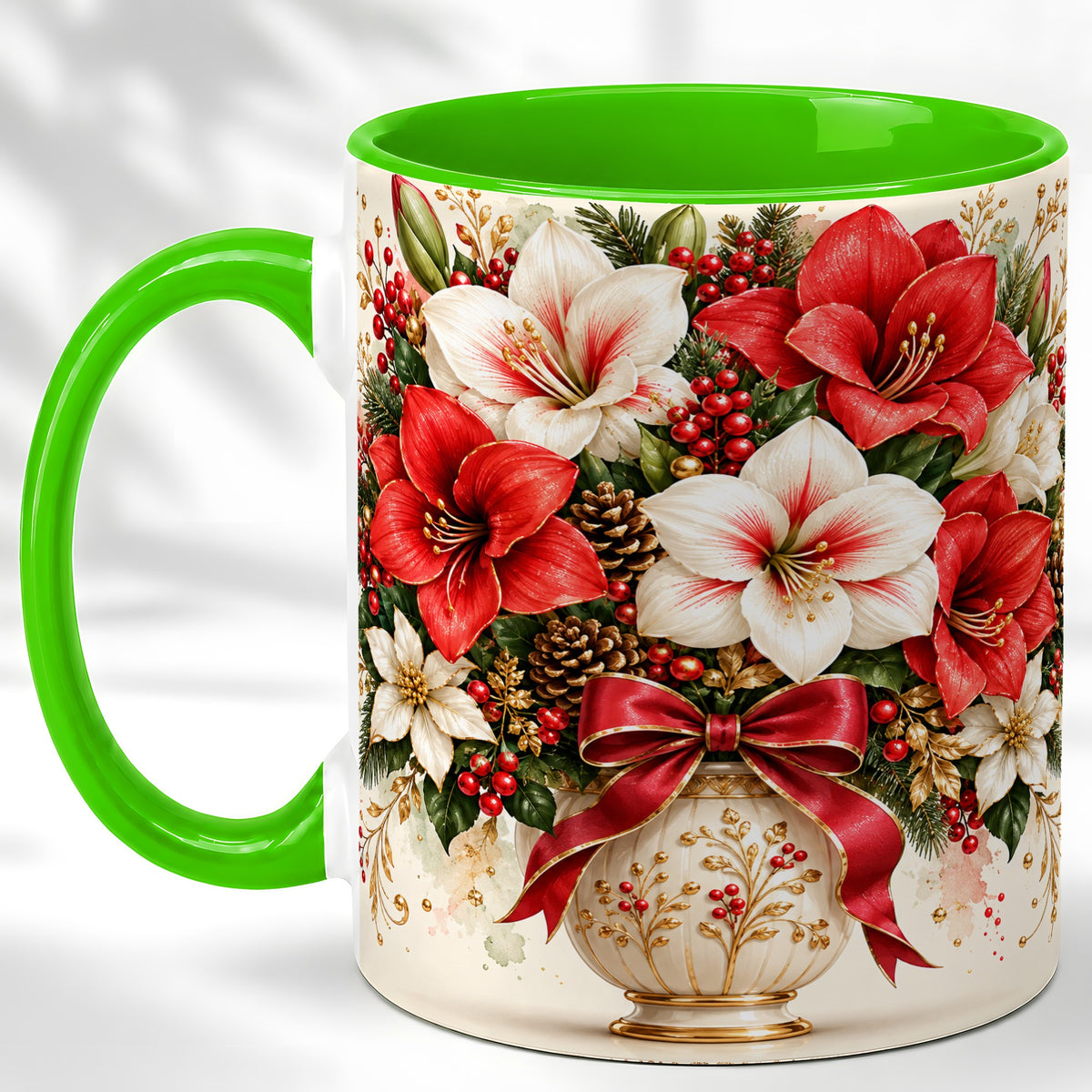 #pl[11oz|Green] Christmas Amaryllis Coffee Mug, Red White Floral Mug, Ceramic Cup