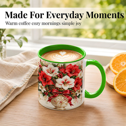 #pl[11oz|Green] Christmas Amaryllis Coffee Mug, Red White Floral Mug, Ceramic Cup