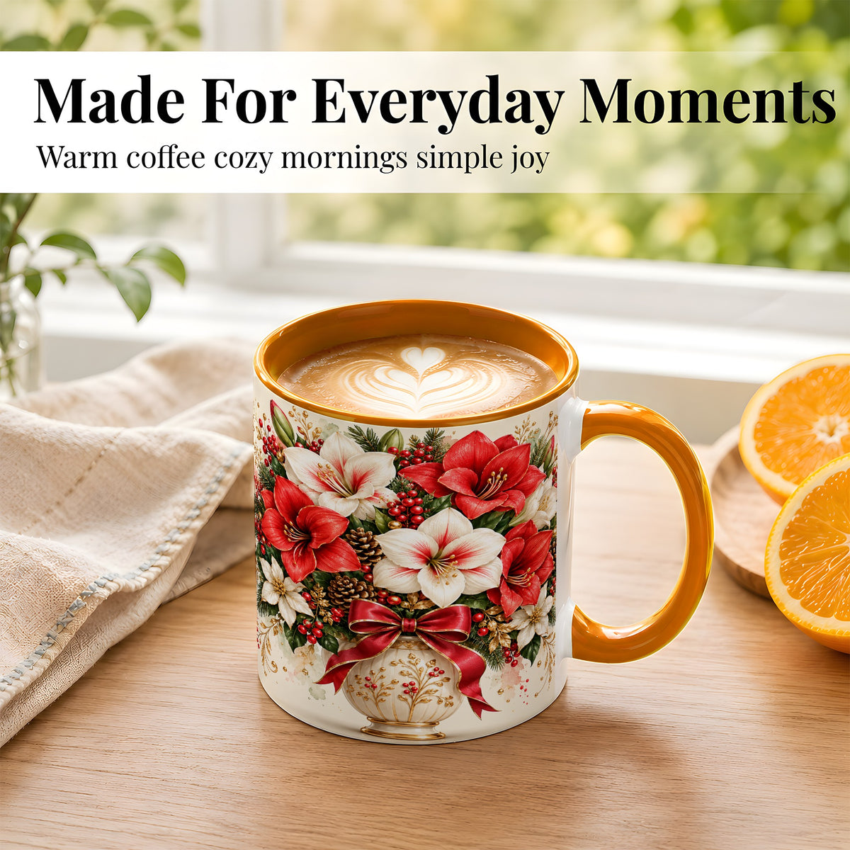 #pl[11oz|Orange] Christmas Amaryllis Coffee Mug, Red White Floral Mug, Ceramic Cup