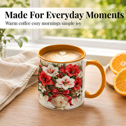 #pl[11oz|Orange] Christmas Amaryllis Coffee Mug, Red White Floral Mug, Ceramic Cup