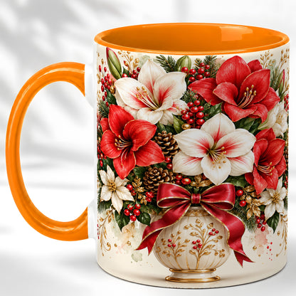 #pl[11oz|Orange] Christmas Amaryllis Coffee Mug, Red White Floral Mug, Ceramic Cup