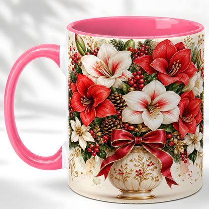 #pl[11oz|Pink] Christmas Amaryllis Coffee Mug, Red White Floral Mug, Ceramic Cup
