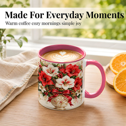 #pl[11oz|Pink] Christmas Amaryllis Coffee Mug, Red White Floral Mug, Ceramic Cup
