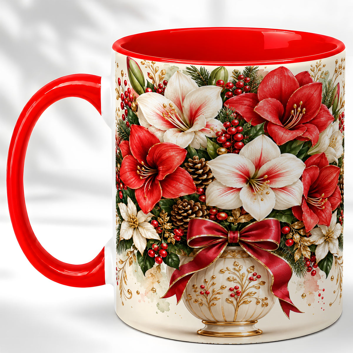 Christmas Amaryllis Coffee Mug, Red White Floral Mug, Ceramic Cup