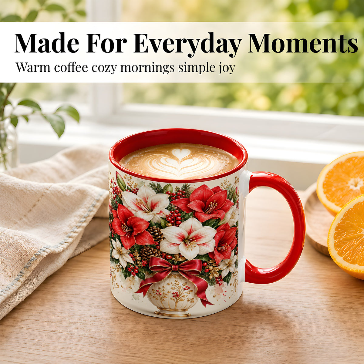 #pl[11oz|Red] Christmas Amaryllis Coffee Mug, Red White Floral Mug, Ceramic Cup