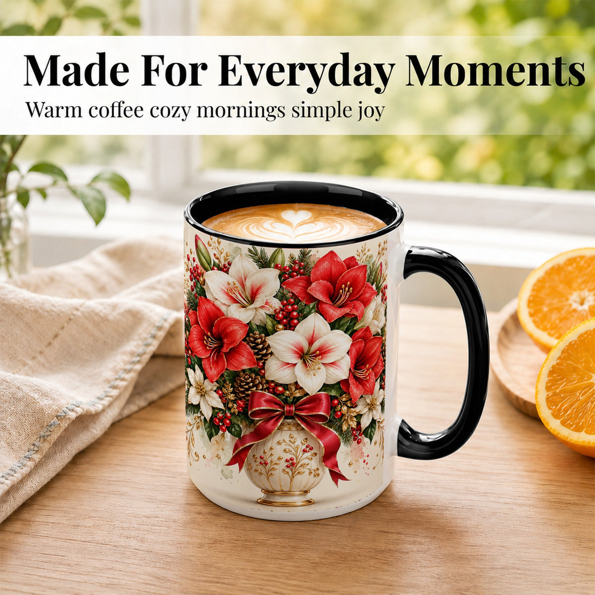 #pl[15oz|Black] Christmas Amaryllis Coffee Mug, Red White Floral Mug, Ceramic Cup