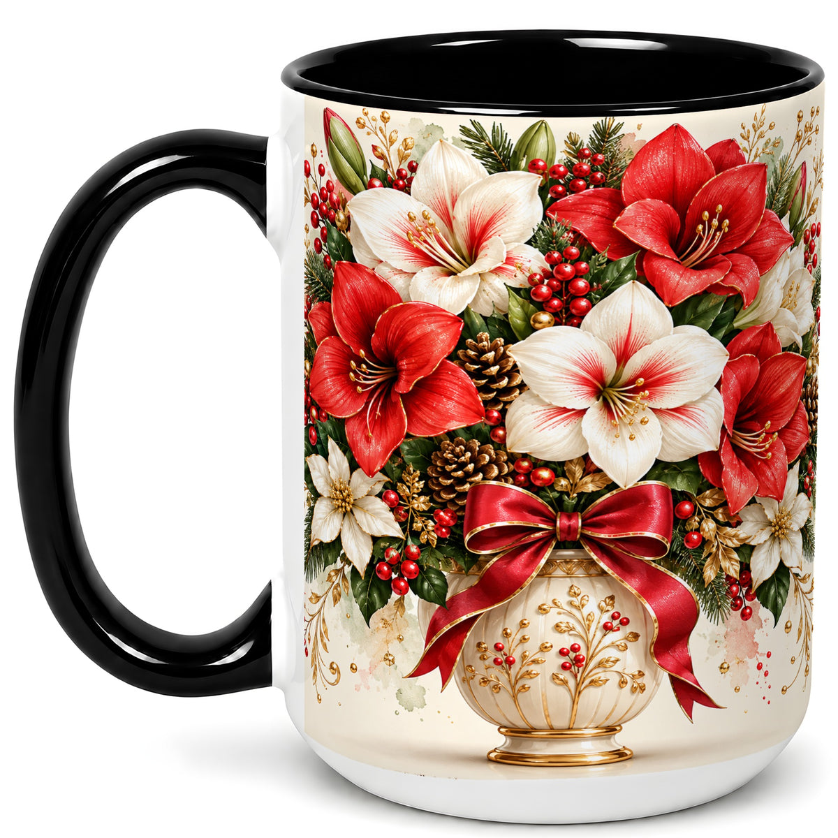 #pl[15oz|Black] Christmas Amaryllis Coffee Mug, Red White Floral Mug, Ceramic Cup