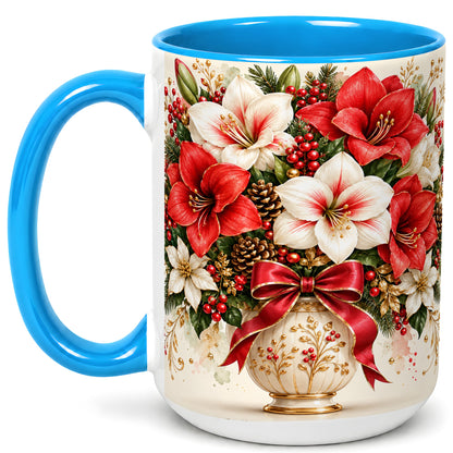 #pl[15oz|Blue] Christmas Amaryllis Coffee Mug, Red White Floral Mug, Ceramic Cup