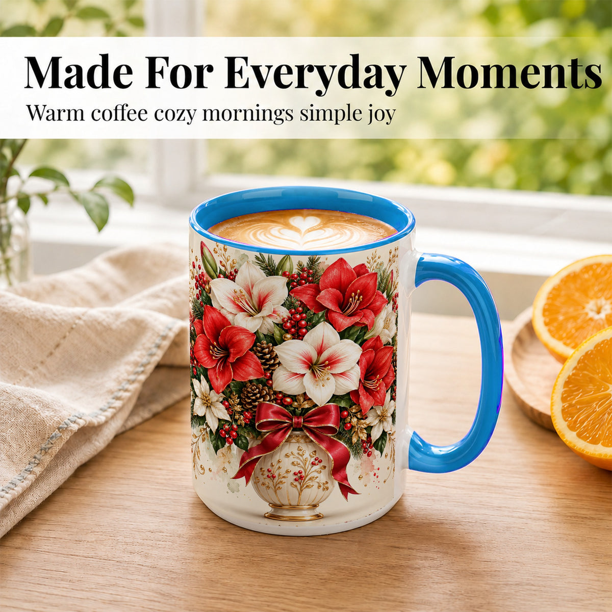 #pl[15oz|Blue] Christmas Amaryllis Coffee Mug, Red White Floral Mug, Ceramic Cup