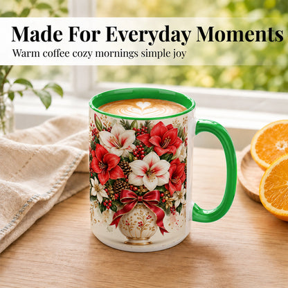 #pl[15oz|Green] Christmas Amaryllis Coffee Mug, Red White Floral Mug, Ceramic Cup