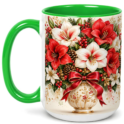 #pl[15oz|Green] Christmas Amaryllis Coffee Mug, Red White Floral Mug, Ceramic Cup