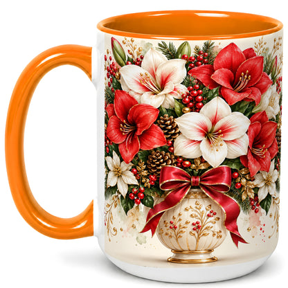 #pl[15oz|Orange] Christmas Amaryllis Coffee Mug, Red White Floral Mug, Ceramic Cup