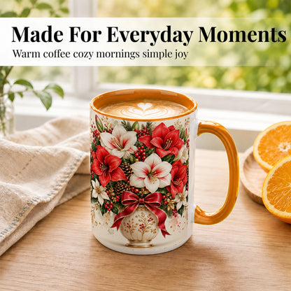 #pl[15oz|Orange] Christmas Amaryllis Coffee Mug, Red White Floral Mug, Ceramic Cup