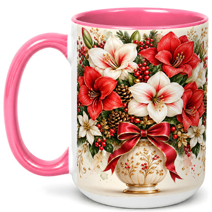#pl[15oz|Pink] Christmas Amaryllis Coffee Mug, Red White Floral Mug, Ceramic Cup