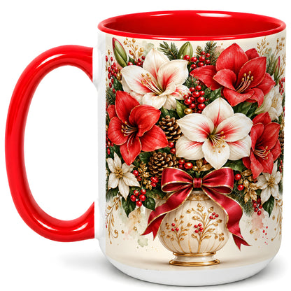 #pl[15oz|Red] Christmas Amaryllis Coffee Mug, Red White Floral Mug, Ceramic Cup