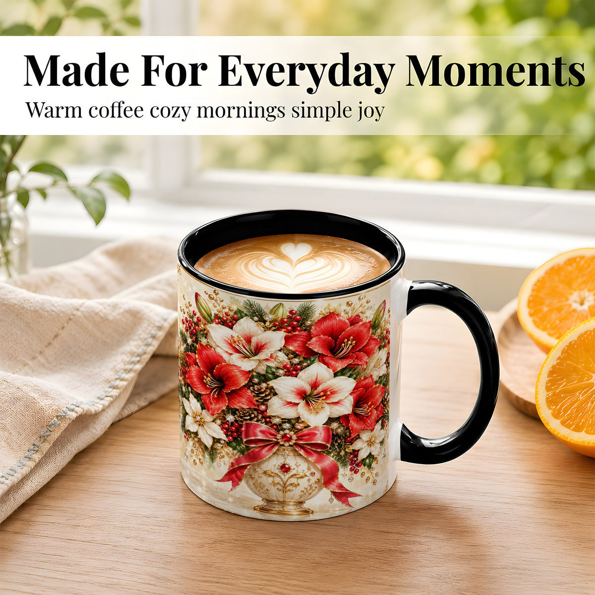 #pl[11oz|Black] Jeweled Christmas Amaryllis Coffee Mug, Holiday Floral Mug, Ceramic Cup