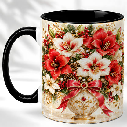 #pl[11oz|Black] Jeweled Christmas Amaryllis Coffee Mug, Holiday Floral Mug, Ceramic Cup