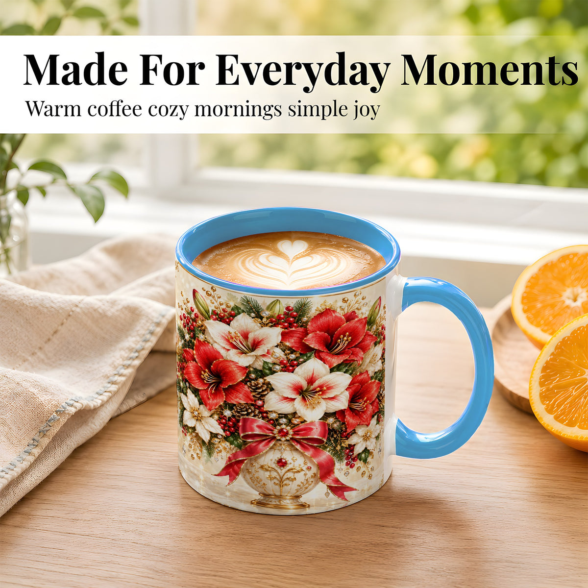 #pl[11oz|Blue] Jeweled Christmas Amaryllis Coffee Mug, Holiday Floral Mug, Ceramic Cup