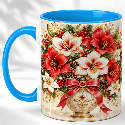 #pl[11oz|Blue] Jeweled Christmas Amaryllis Coffee Mug, Holiday Floral Mug, Ceramic Cup