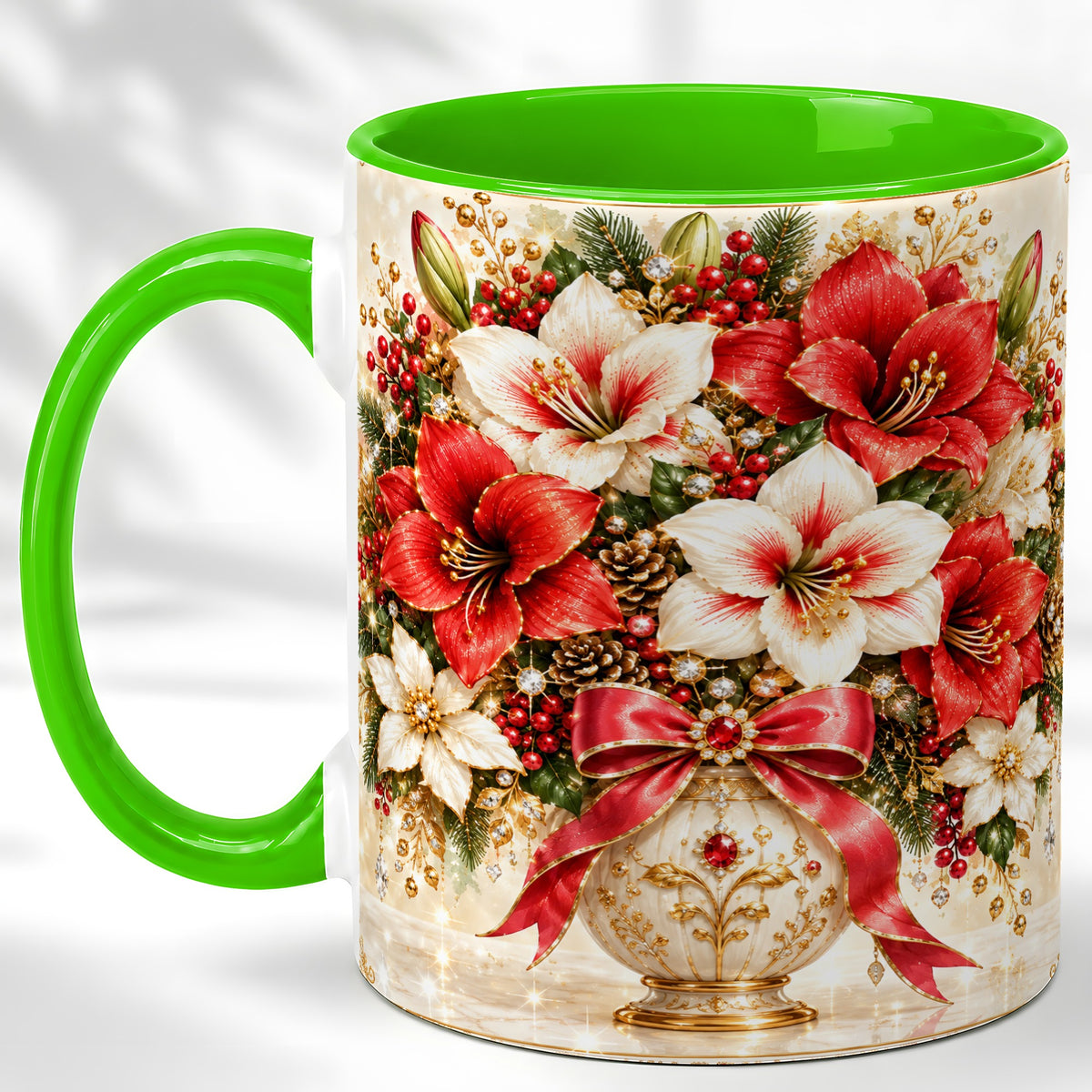 #pl[11oz|Green] Jeweled Christmas Amaryllis Coffee Mug, Holiday Floral Mug, Ceramic Cup