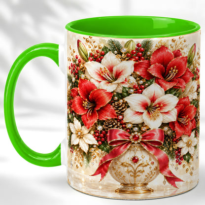 #pl[11oz|Green] Jeweled Christmas Amaryllis Coffee Mug, Holiday Floral Mug, Ceramic Cup