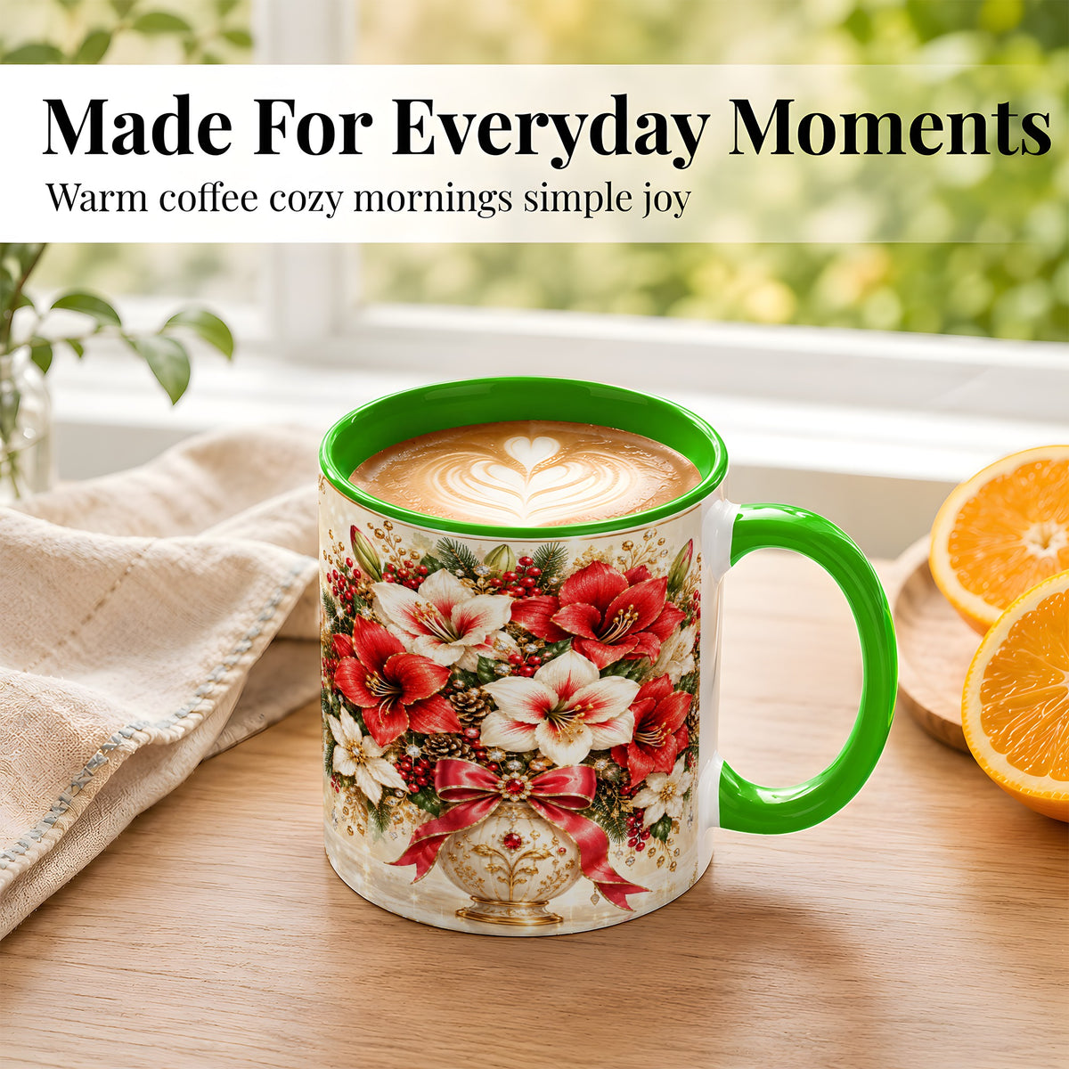 #pl[11oz|Green] Jeweled Christmas Amaryllis Coffee Mug, Holiday Floral Mug, Ceramic Cup