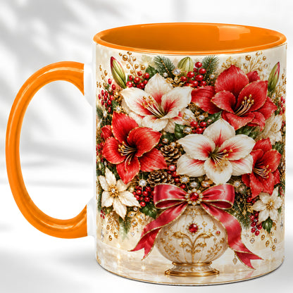 #pl[11oz|Orange] Jeweled Christmas Amaryllis Coffee Mug, Holiday Floral Mug, Ceramic Cup