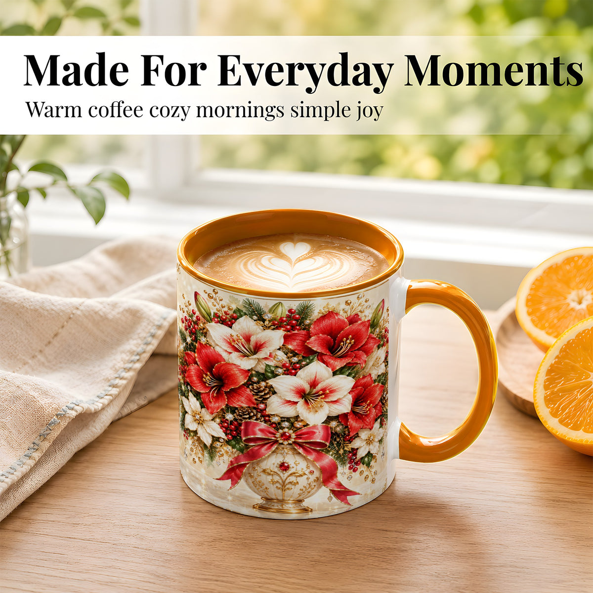 #pl[11oz|Orange] Jeweled Christmas Amaryllis Coffee Mug, Holiday Floral Mug, Ceramic Cup